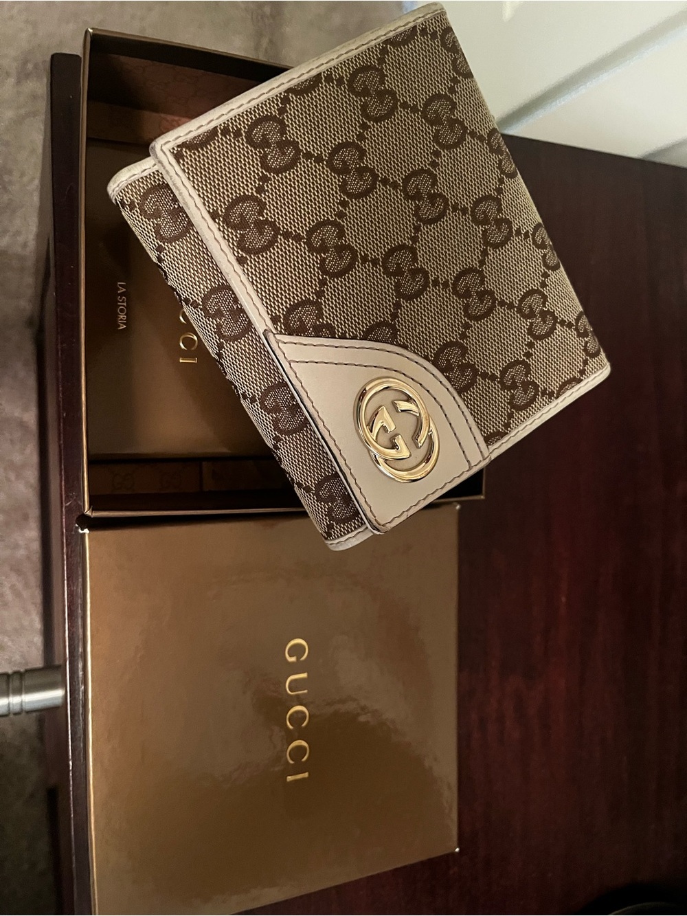 Gucci Brown Beige GG Monogram Card Holder with Gold GG Emblem